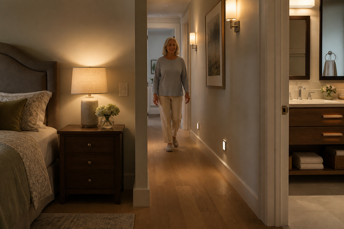 Comfortable home hallway with layered night lighting for an older adult
