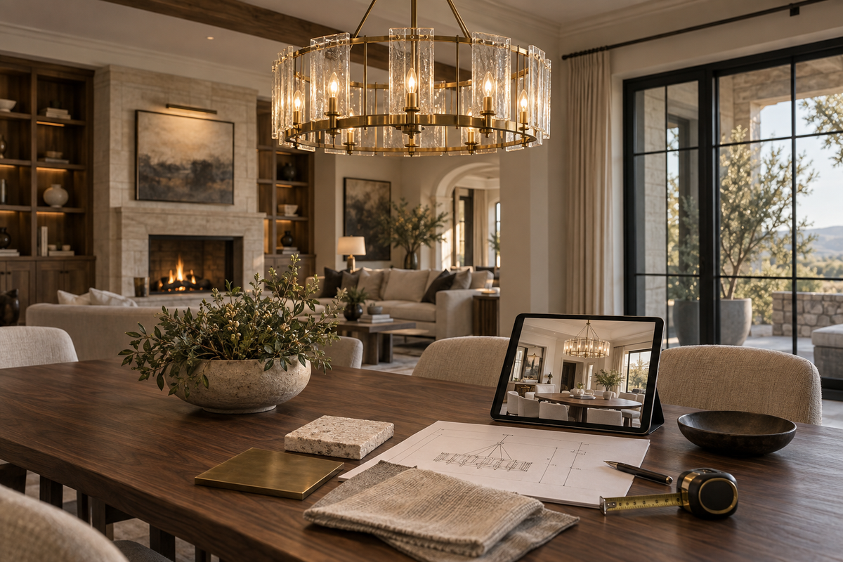 Luxury dining and living room with a brass chandelier, material samples, dimensions and a tablet concept visualization