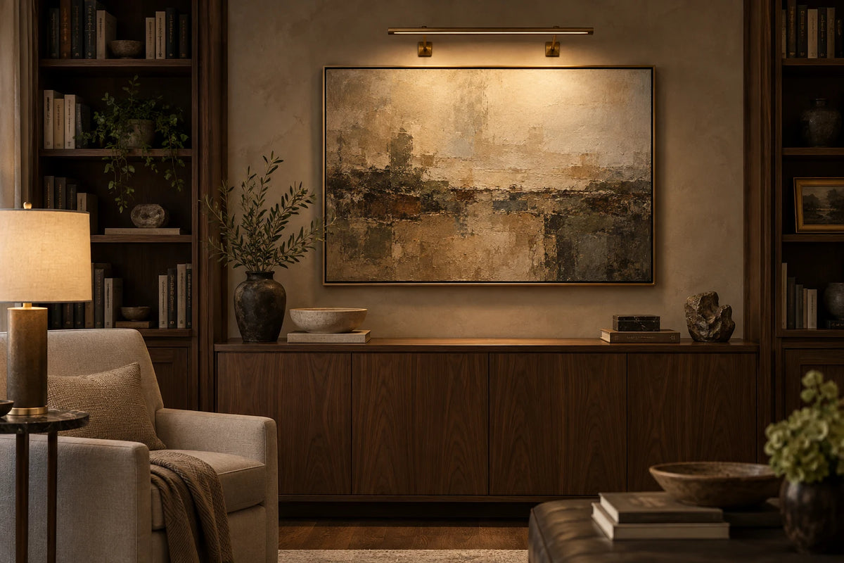 Concept home library with a brass picture light above an invented abstract painting