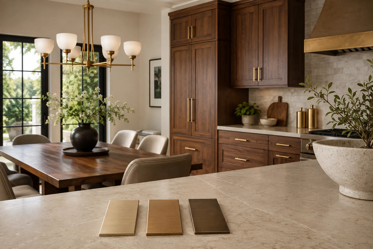 Illustrative brass chandelier, walnut cabinetry and three metal finish samples