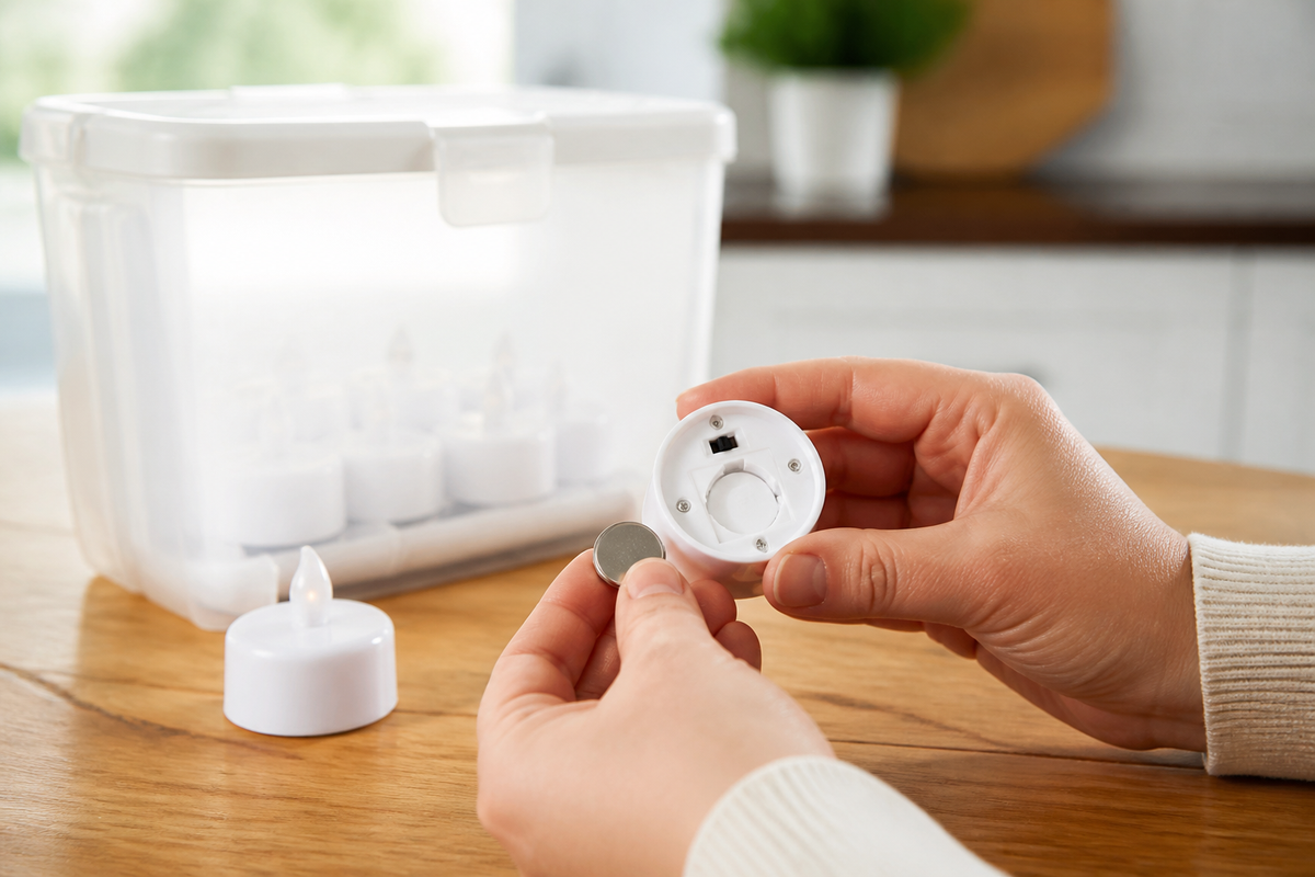 Adult checking a screw-secured coin-cell compartment on an LED tea light