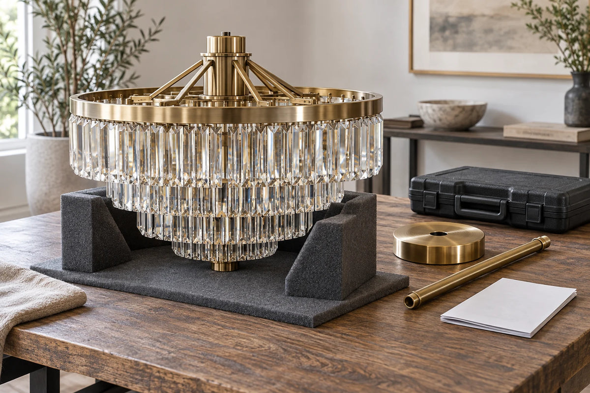 Brass and crystal chandelier with canopy and suspension components prepared on a padded worktable