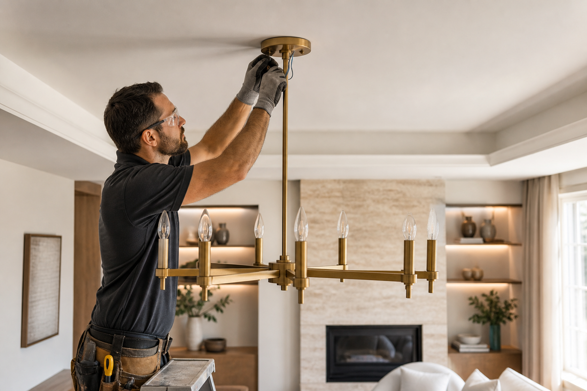 Electrician inspecting the canopy and downrod connection of a brass chandelier
