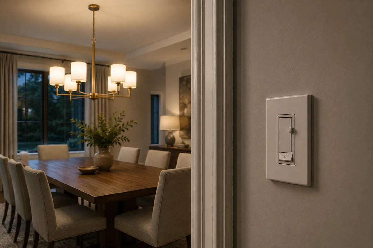 Illustrative dining room with a brass chandelier and an enclosed wall dimmer