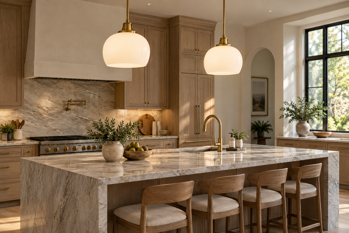Two simple opal-glass pendants with brass details above a kitchen island in a warm, contemporary kitchen
