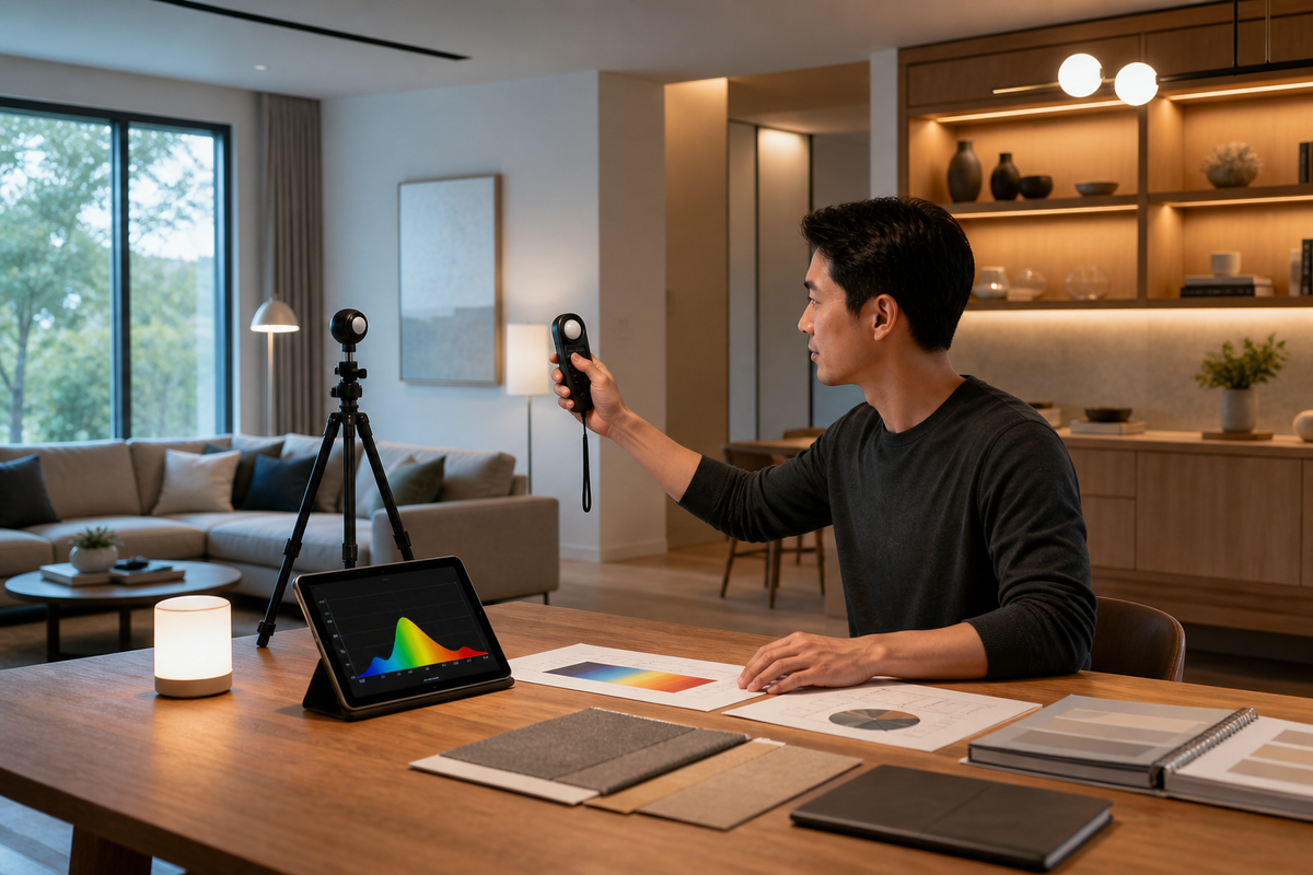 Lighting professional measuring eye-level light in a residential interior