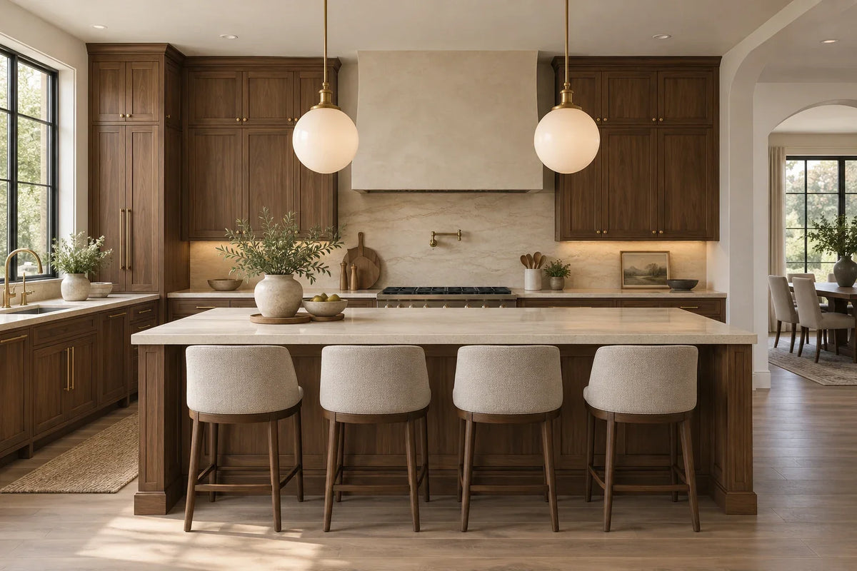 AI concept kitchen with two brass and opal pendants above a stone island