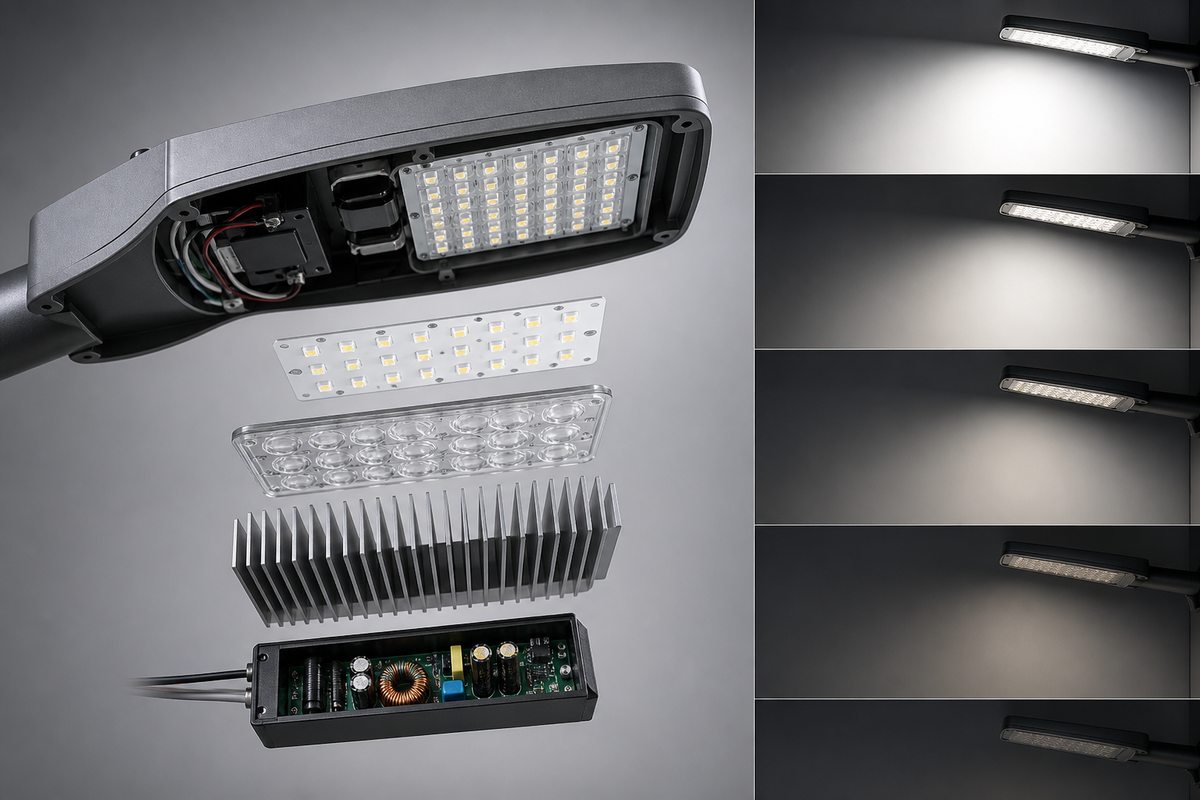 Exploded LED luminaire showing light engine, optics, heat sink and driver components
