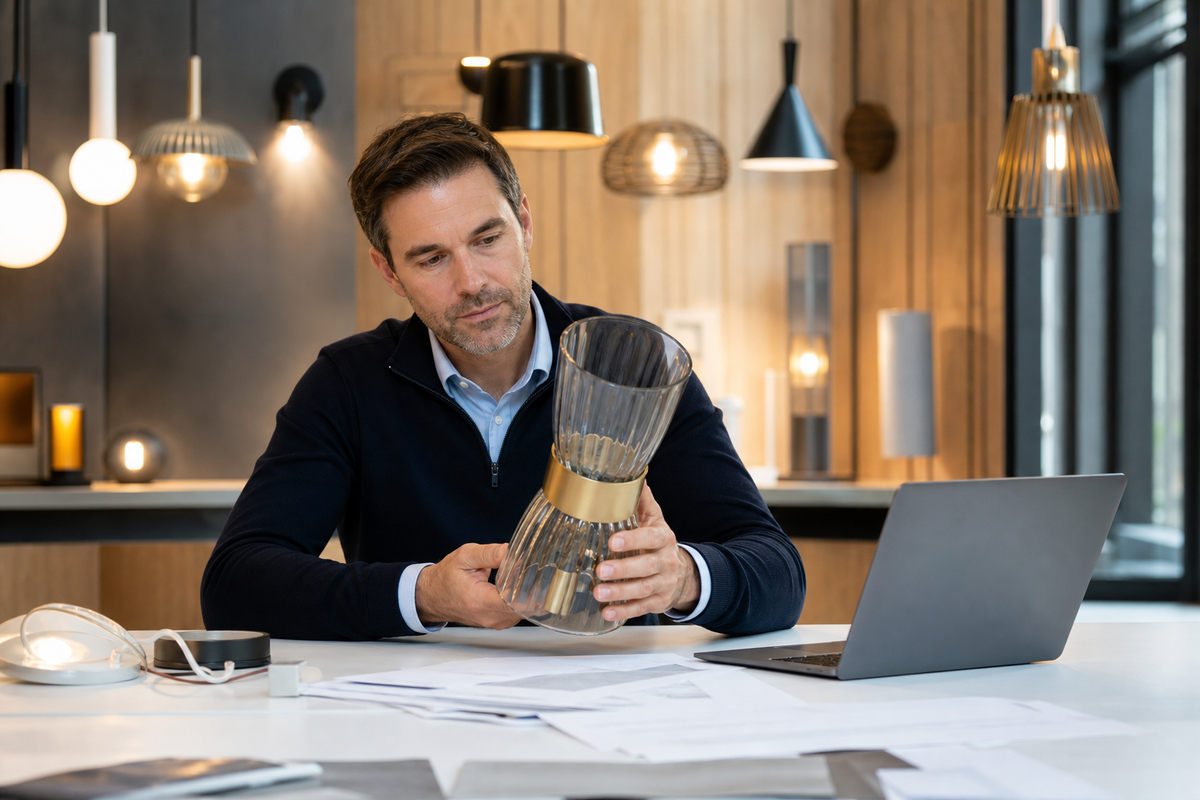 Lighting buyer examining an unbranded luminaire and its technical documents