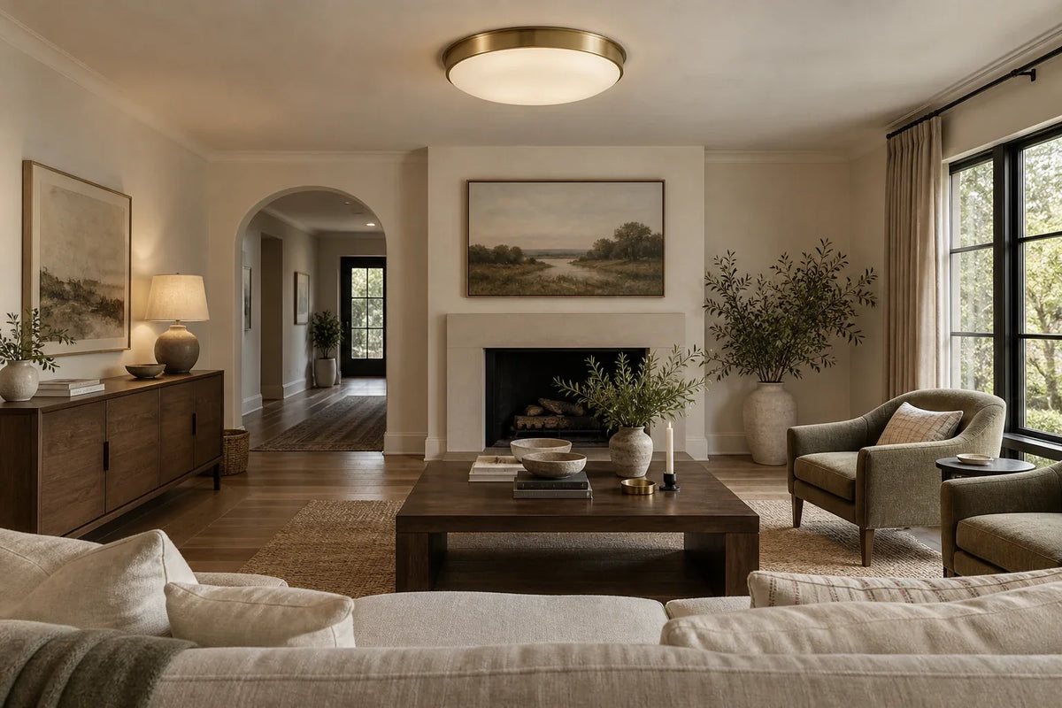 Concept living room with a shallow brass and opal ceiling light
