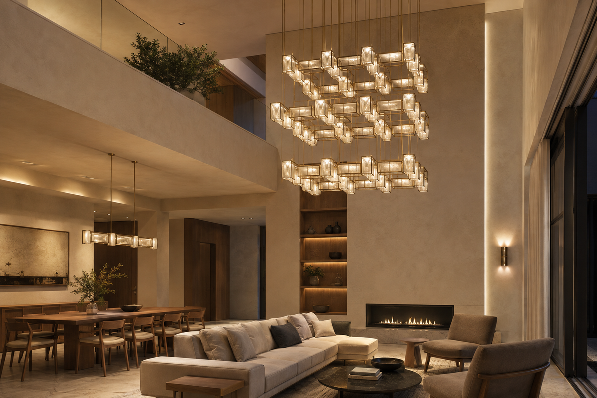 Original modular chandelier using repeated glass units in a double-height living room