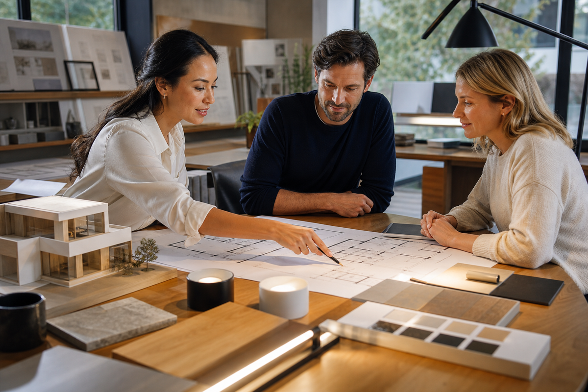 Architects and homeowner reviewing plans, lighting samples and a residential model