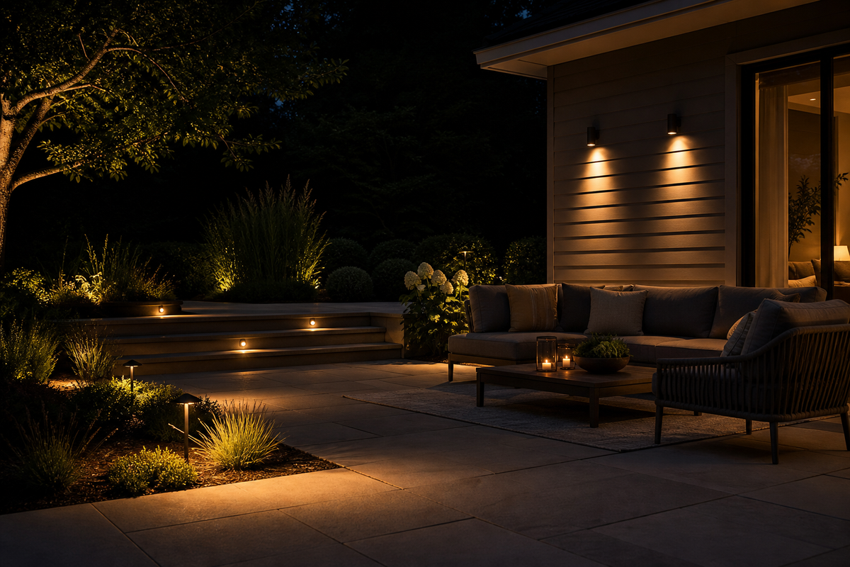 Outdoor lounge with shielded warm path, step and wall lighting at night