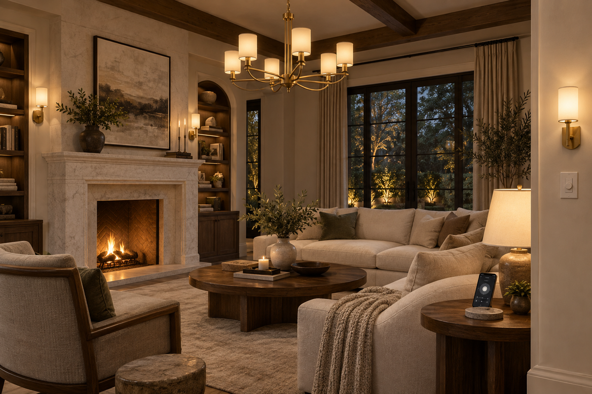 Warm luxury living room with a brass chandelier, wall dimmer and smartphone lighting control