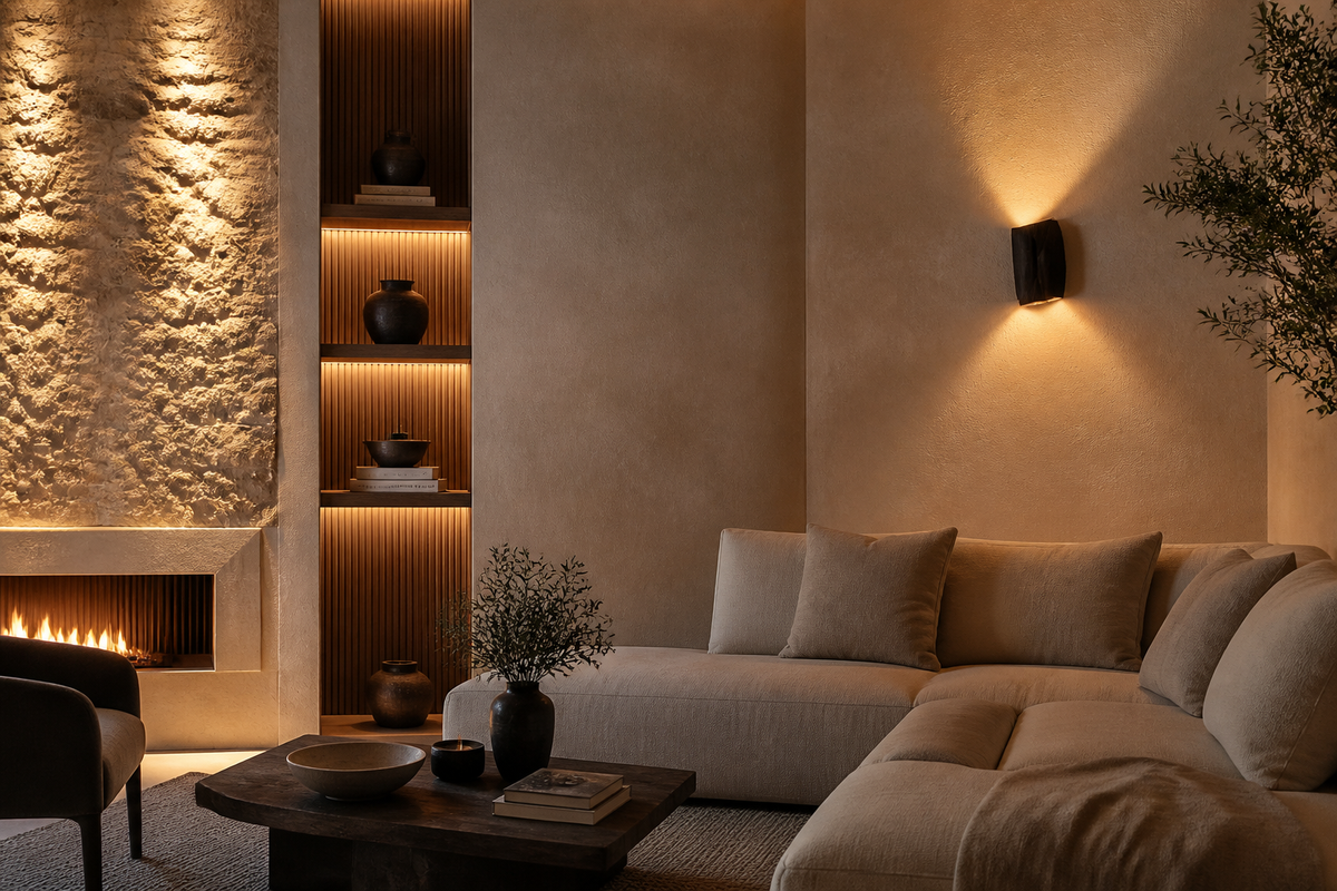 Warm layered lighting revealing stone, wood and textured plaster in a living room
