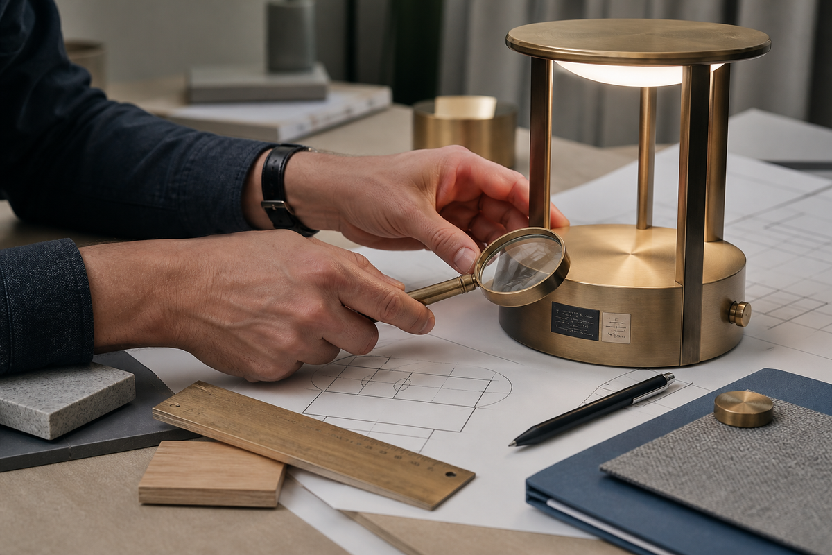 Lighting designer reviewing a lamp specification plate and technical drawings