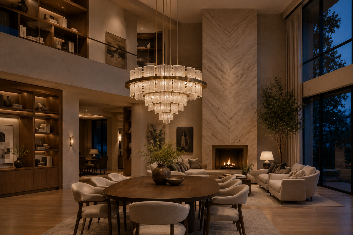 Luxury warm layered living and dining room with a sculptural glass chandelier