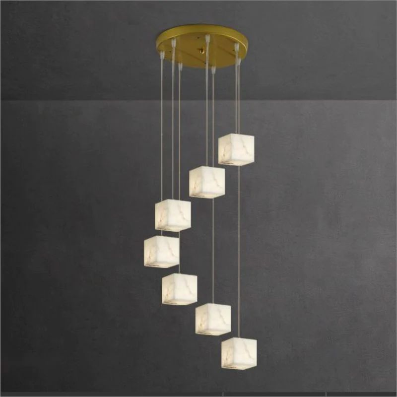 Alabaster Cubic Foyer Staircase Long Chandelier